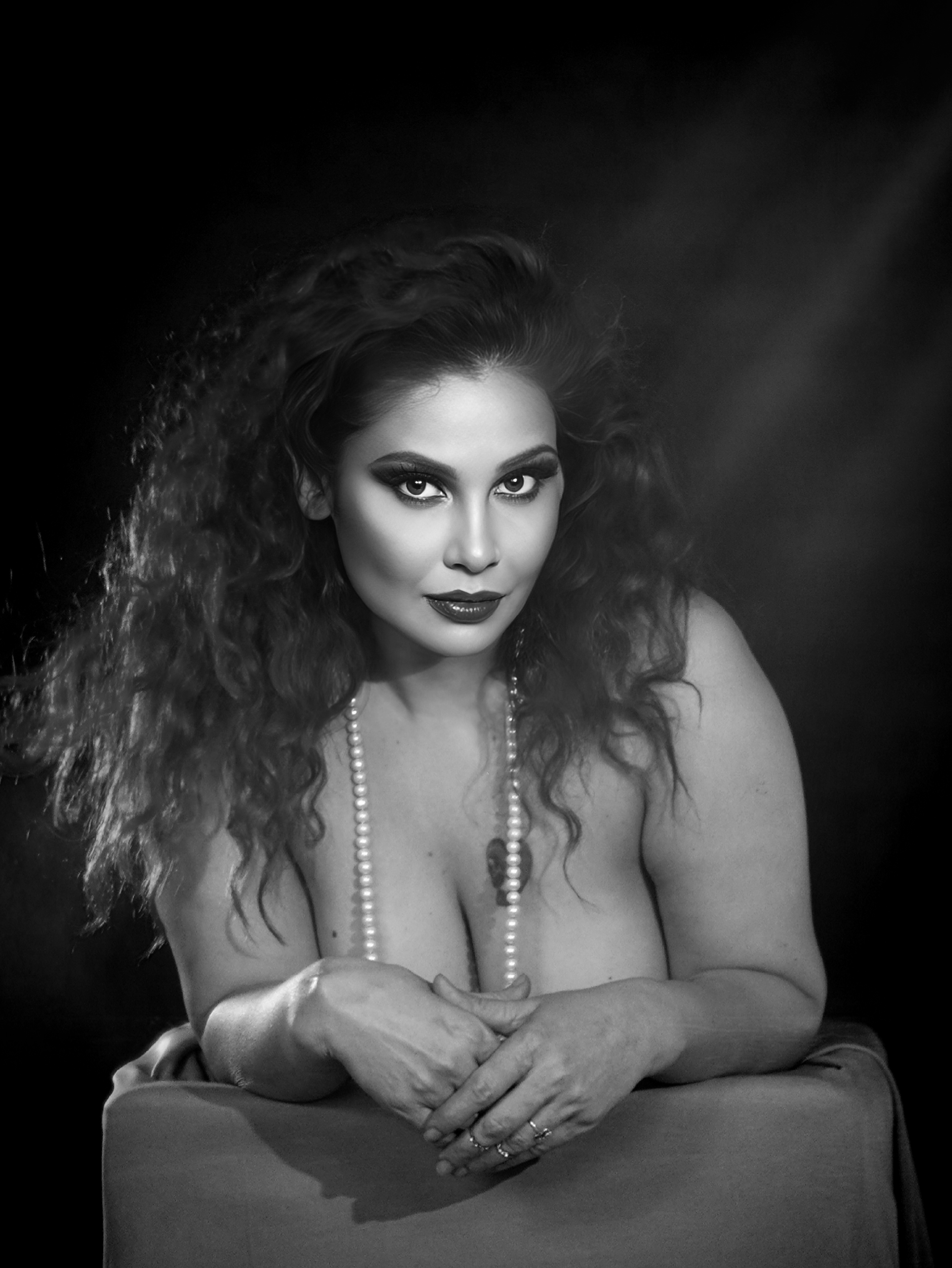 Kanak Raj - Kanak Raj, sultry monochrome portrait with pearls