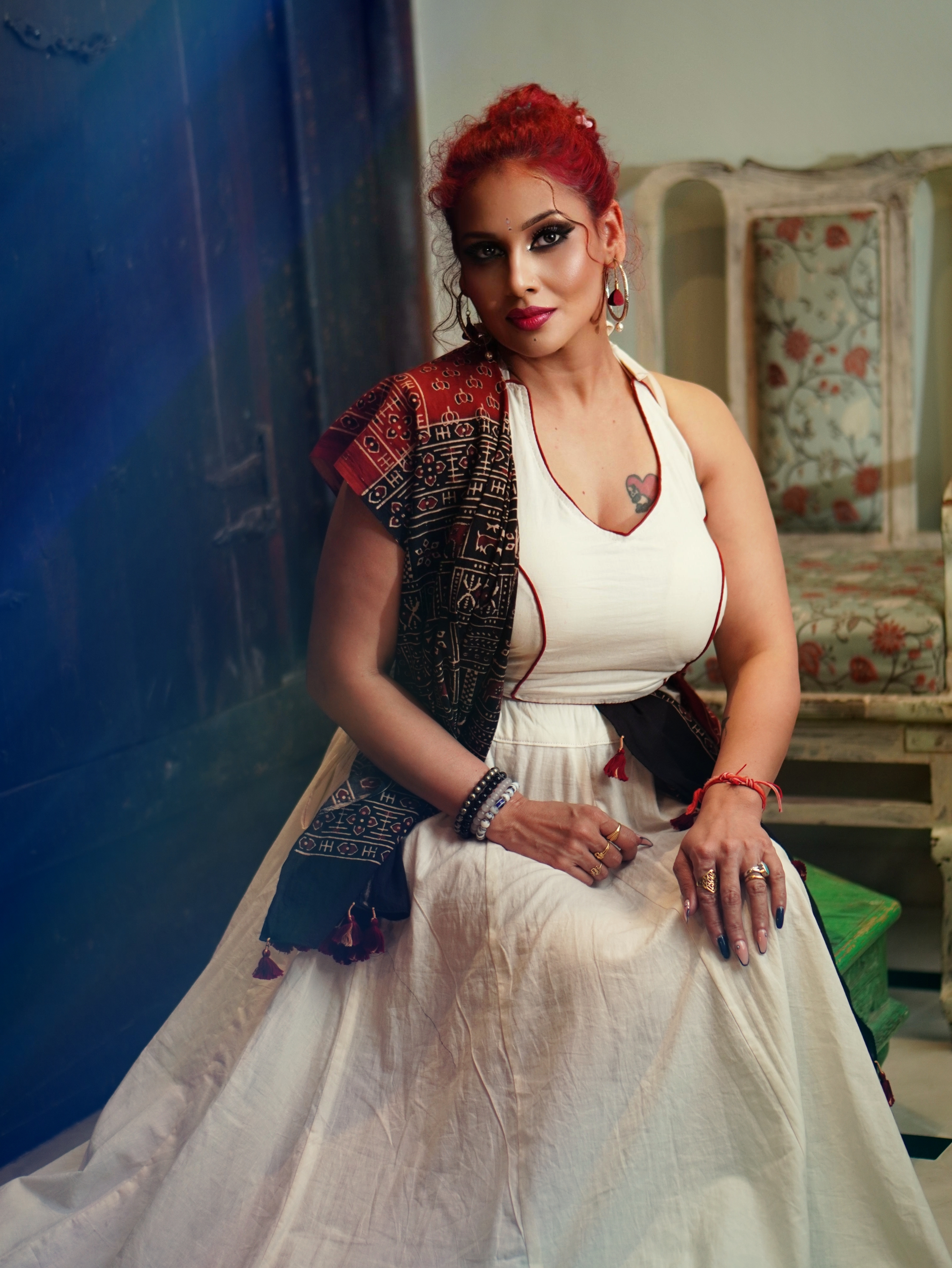 Kanak Raj - Elegant White Gown with Red Hair and Embroidery