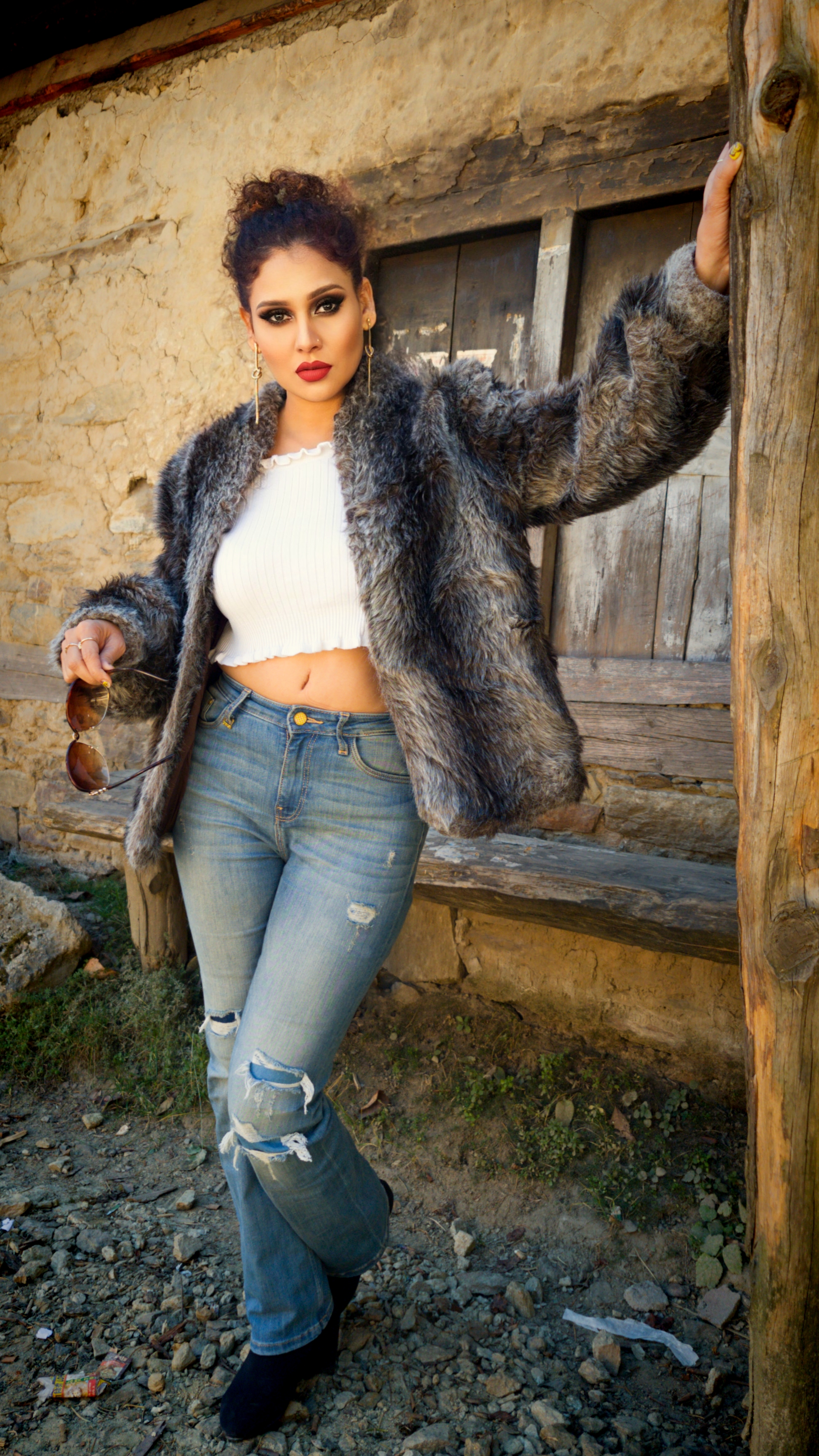 Kanak Raj - Kanak Raj in Chic Fur Jacket and Denim Outdoors